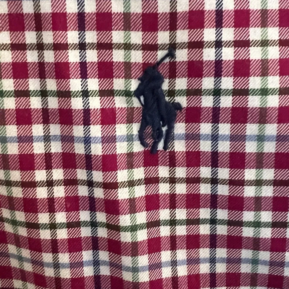 Polo Ralph Lauren Men's XL/TG Dark Pink Plaid Slim‎ Fit Long Sleeve Blue Pony